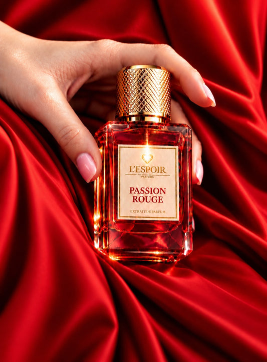 Passion Rouge Extrait de Parfum in de hand op rode zijde