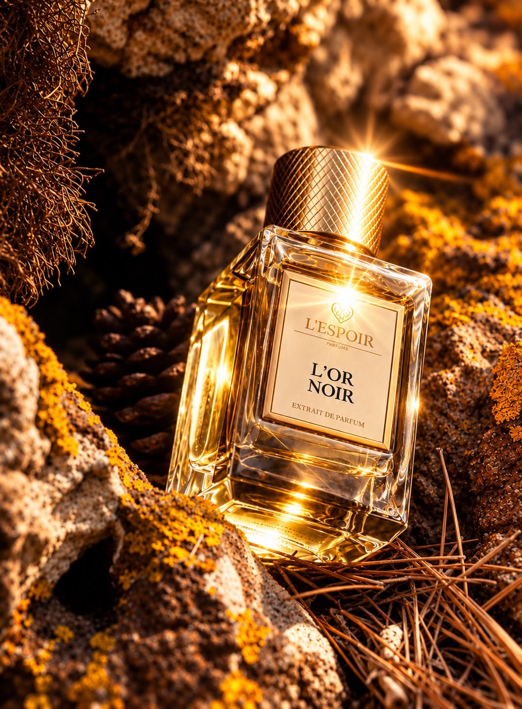 L'Or Noir Extrait de Parfum tussen rotsen en mos