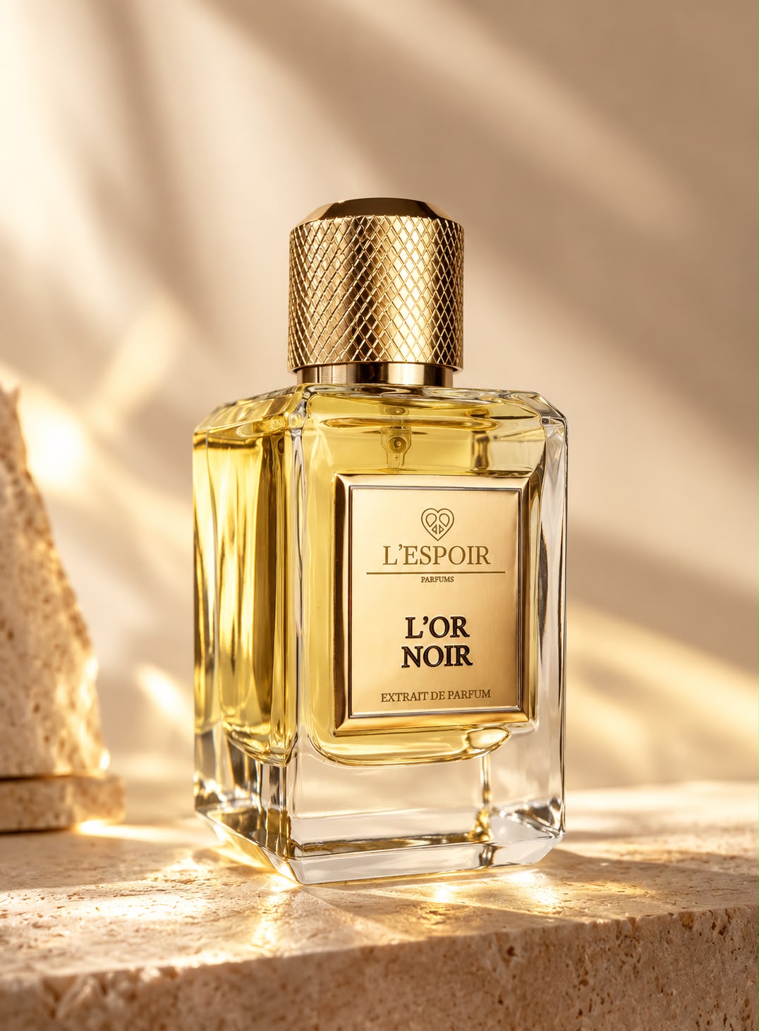 L'Or Noir Extrait de Parfum op travertijn in zonlicht