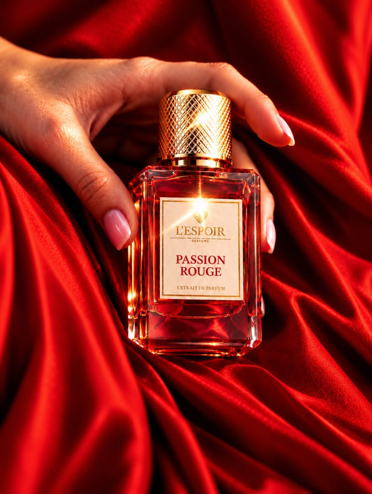 Passion Rouge Extrait de Parfum in de hand op rode zijde
